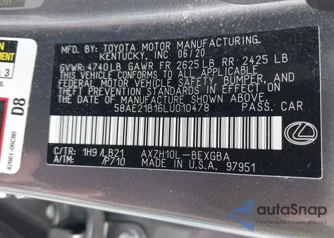 2020 Lexus Es 300H Luxury from USA, damaged, VIN 58AE21B16LU010478
